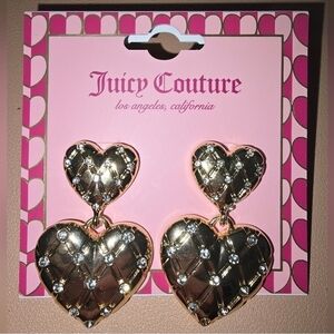 Juicy Couture Double Heart Quilted Earrings In Gold with Rhinestones NWT